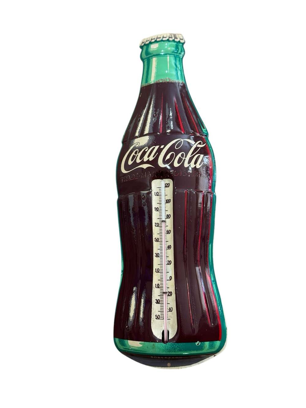 Vtg Coca-Cola Bottle Thermometer 1950 Robertson Original Tin Sign